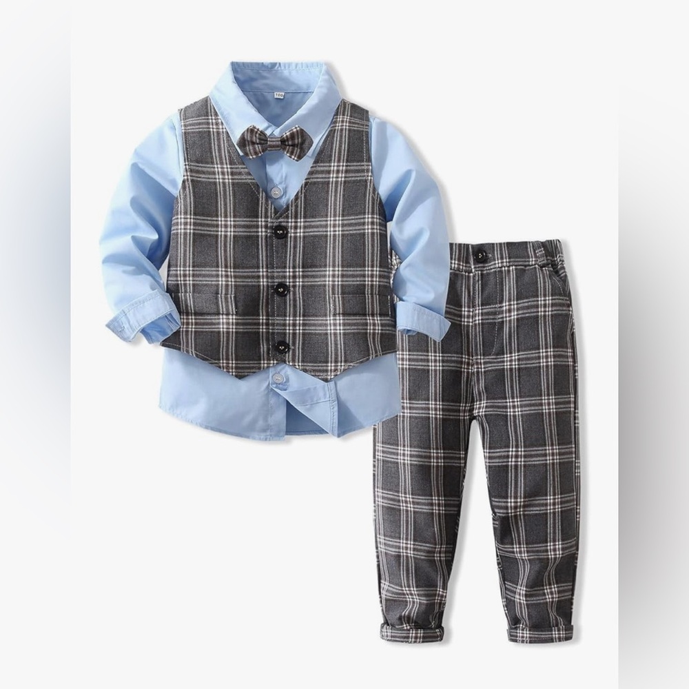 NEW Boys Infant Gentlemen Suit Formal Shirts & Pants & & Vest Set 9/12M NO BOW